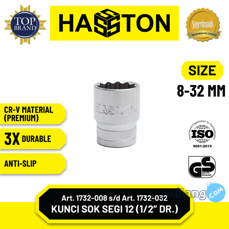 Hasston Kunci Sok Chrome Segi 12 - Mata Sok 1/2'' (Art 1732)