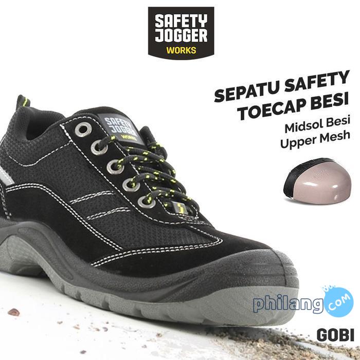 Sepatu Safety Jogger Gobi Black Pria Kulit Ujung Toecap Besi - 38