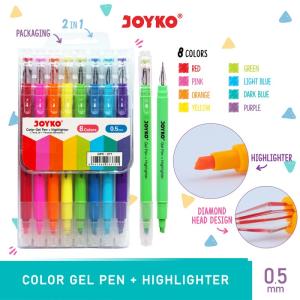 Color Gel Pen Pena Jel + Highlighter Penanda Joyko GPC-277 8 Warna